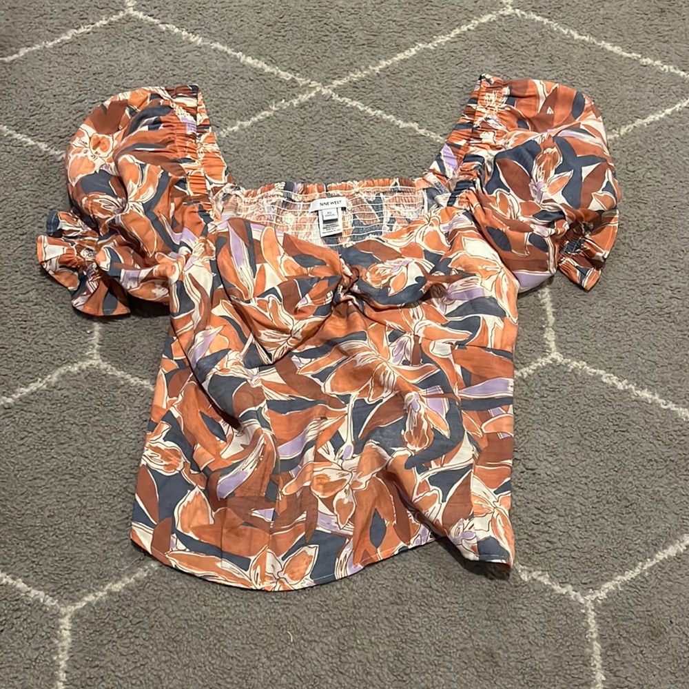 Flower print puffy sleeve blouse